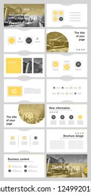 This template is the best as a business presentation, used in marketing and advertising, flyer and banner, the annual report. Grey, yellow and black elements on a dark grey background
