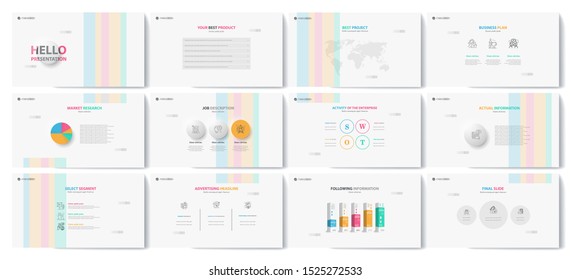 This template is the best as a business presentation, used in marketing and advertising, flyer and banner, the annual report. Pink, yellow, green, pink, and black elements on a dark grey background
