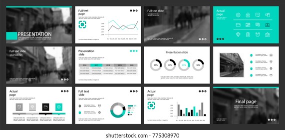 This template is the best as a business presentation, used in marketing and advertising, flyer and banner, the annual report. Turquoise and Black elements on a dark grey background.