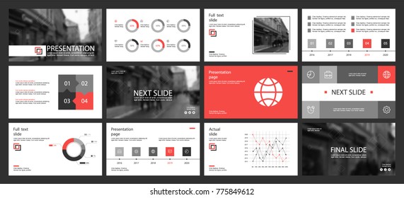 This template is the best as a business presentation, used in marketing and advertising, flyer and banner, the annual report. Red, white and black elements on a dark grey background
