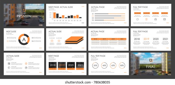 This template is the best as a business presentation, used in marketing and advertising, flyer and banner, the annual report. Orange and Black elements on a dark grey background
