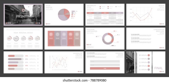 This template is the best as a business presentation, used in marketing and advertising, flyer and banner, the annual report. Purple, pink, brown and black elements on a dark grey background
