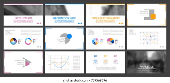 This template is the best as a business presentation, used in marketing and advertising, flyer and banner, the annual report. Orange, pink, blue and black elements on a dark grey background
