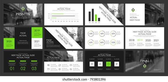 This template is the best as a business presentation, used in marketing and advertising, flyer and banner, the annual report. Green and Black elements on a dark grey background
