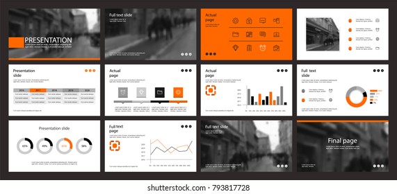 This Template Is The Best As A Business Presentation, Used In Marketing And Advertising, Flyer And Banner, The Annual Report. Orange And Black Elements On A Dark Grey Background
