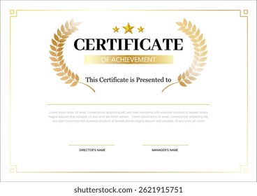 This is a template for a Certificate of Achievement. It has a decorative gold border, laurel wreaths on either side of the title