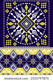 This textile design features a bold circular motif with geometric patterns and arrow-like details, accompanied by rows of diamonds and symbolic elephant shapes, blending tradition with vibrant contras