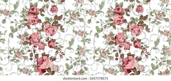 This textile design features a charming floral pattern with vibrant pink and soft beige roses against a light green background. The intricate arrangement of flowers.