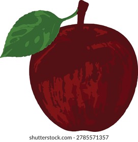 This is a textured, graphic vector illustration of a dark maroon red apple isolated against a solid white background. The fruit is rendered with a deep, moody burgundy base tone, layered with textured, uneven blotches of an even darker red shade to simulate an organic, rustic surface finish or a distressed screen-print effect. A simple, short dark brown stem curves slightly to the left from the top center indentation. Extending from the stem is a large, flat green leaf detailed with muted, darker green organic shapes indicating light leaf venation and shadow. This hand-stamped or block-print aesthetic works excellently for artisanal food labels, farm-to-table branding, rustic autumn decor, and textile graphics.