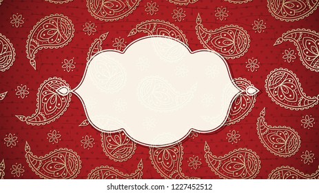 This is a textured paisley background with a frame in Indian slile. Vector illustration.