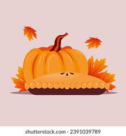  This Thanksgiving background features a delicious pumpkin pie surrounded by colorful autumn leaves. 