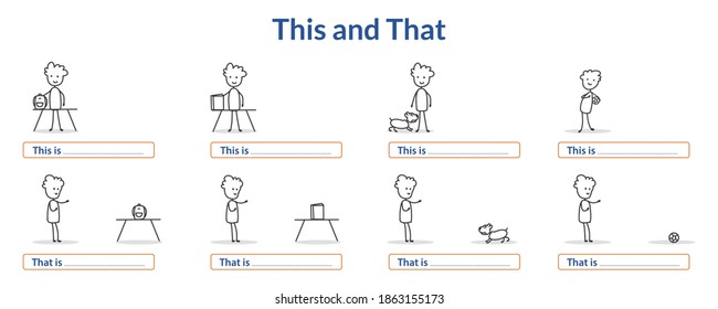 this and that English learning vector illustration. demonstrative adjective and pronouns 