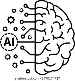 This thought-provoking isometric vector illustration depicts a brain split in half, with one side resembling a human brain and the other an artificial intelligence construct.