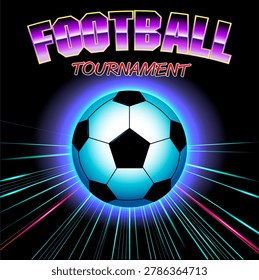 This thrilling image captures the intensity of a football match with a vibrant, neon aesthetic. A bright blue and white glowing football stands out in the center, gleaming brilliantly. From behind the ball, rapidly moving streaks of blue and pink light shoot out, representing speed and power.
