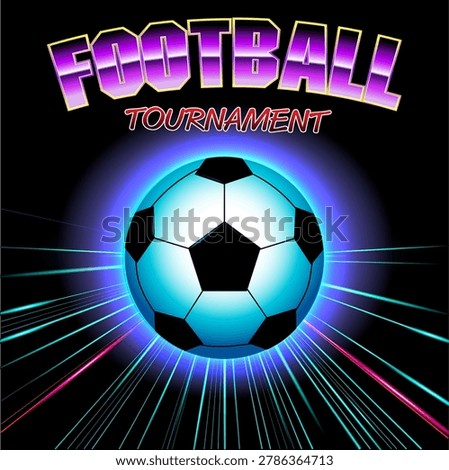 This thrilling image captures the intensity of a football match with a vibrant, neon aesthetic. A bright blue and white glowing football stands out in the center, gleaming brilliantly. From behind the ball, rapidly moving streaks of blue and pink light shoot out, representing speed and power.