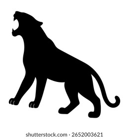 Esta é uma silhueta de tigre subindo uma ladeira. O tigre parece poderoso e pronto para rugir. Sua boca é aberta e larga e mostra seu espírito selvagem. A cauda do tigre se curva suavemente. Silhueta de tigre