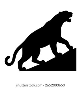 Esta é uma silhueta de tigre subindo uma ladeira. O tigre parece poderoso e pronto para rugir. Sua boca é aberta e larga e mostra seu espírito selvagem.