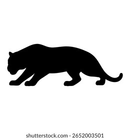 This is a tiger silhouette in a crouching view. The tiger looks like it is ready to hunt. Its body is low and strong. The tiger’s tail curves back for balance. This pose shows the tiger’s 
