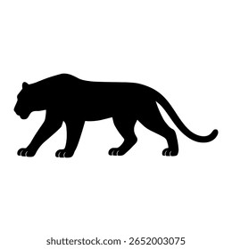 This is a tiger silhouette in a real walking view. The tiger’s body is strong and balanced. One front leg is stepping forward. The back legs move with steady power. The tiger’s tail swings








