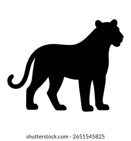 This is a tiger silhouette standing and looking far. The tiger stands tall and strong. Its head is lifted and turned to look into the distance. The tiger’s legs are firm and steady.