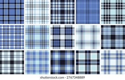 This timeless blue plaid seamless pattern features navy and sky blue intersecting stripes. A versatile graphic ideal for textile design, fashion backgrounds, and creative branding.