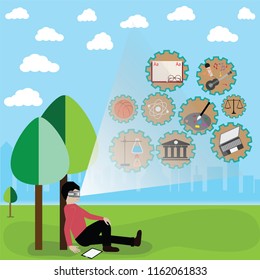 In this time,many school used virtual reality technology in education - Vector Illustration