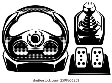This title highlights the gaming theme and the inclusion of a steering wheel, pedals, and joystick in the illustration.