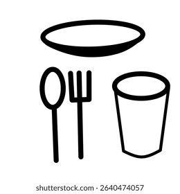 This is a tool for eating spoon fork plate and glass white background