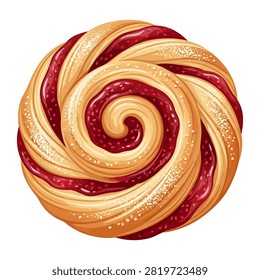 This top down view captures a beautifully baked round danish pastry with a rich red fruit jam swirl filling resting on a plain white surface. The golden flaky dough creates a perfect spiral pattern that highlights the appetizing texture and fresh quality.