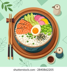 This top-down illustration features a vibrant bowl filled with white rice, sliced fish, avocado, boiled egg and green beans. The meal is presented on a wooden tray with wooden chopsticks and small ceramic containers for sauce. The background is a soft pastel green with subtle leaf patterns, creating a clean and appetizing culinary aesthetic
