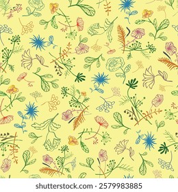 This tossed pattern of hand drawn stylized line art daisies, tulips, wild flower branches, leaves adds a touch of cozy childhood to your design. Can be used for girls clothing and adult accessory