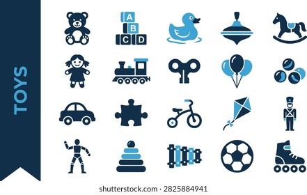 This toy store vector icon set shows teddy bear alphabet blocks rubber duck spinning top rocking horse train windup toy kite doll puzzle and children play symbols. It is useful for websites mobile apps infographics posters product pages social media posts and professional design projects. The style is simple and versatile for broad commercial use.
