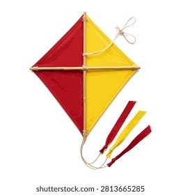 This traditional diamond shaped kite features a vibrant red and yellow fabric design stretched over a sturdy wooden frame with three trailing decorative ribbons isolated against a clean white surface