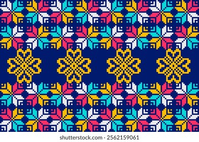 This traditional ethnic fabric showcases intricate tribal motifs, vibrant colors, and detailed embroidery. The pixelated patterns infuse a modern twist into the cultural design