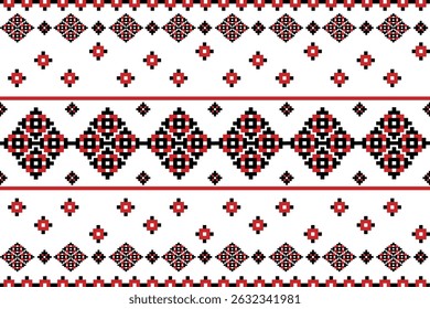 This is a traditional geometric textile pattern featuring a combination of pixel-inspired diamond and floral motifs. The design uses a limited yet striking color palette of red, black, and white, 