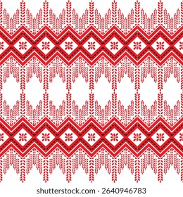 This traditional Thai textile pattern features a symmetrical and geometric design, primarily in red, black, and white. The central motif is a stylized six-petal flower enclosed within diamond shapes, 