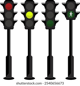 This traffic light illustration design has 3 poles and 1 pole indicates for pedestrians, where each pole is a different color, 1 pole lights up red, 2 lights up yellow and 3 lights up green.