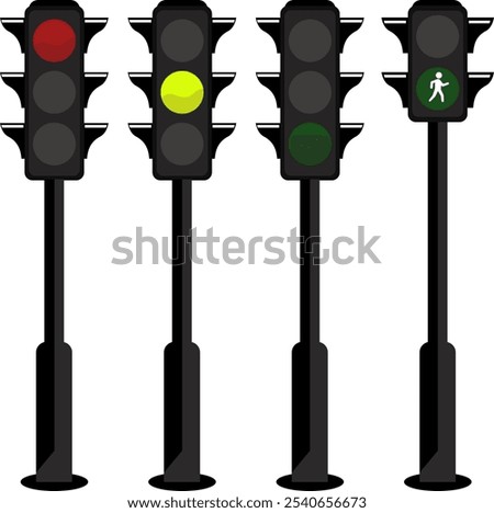 This traffic light illustration design has 3 poles and 1 pole indicates for pedestrians, where each pole is a different color, 1 pole lights up red, 2 lights up yellow and 3 lights up green.