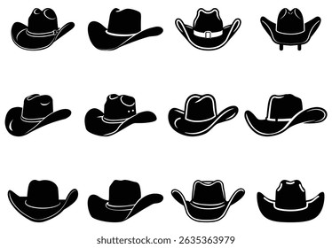 This transparent background image features a collection of twelve different shapes of cowboy hats, showcased in a bold, black silhouette style that enhances their distinctive outlines.