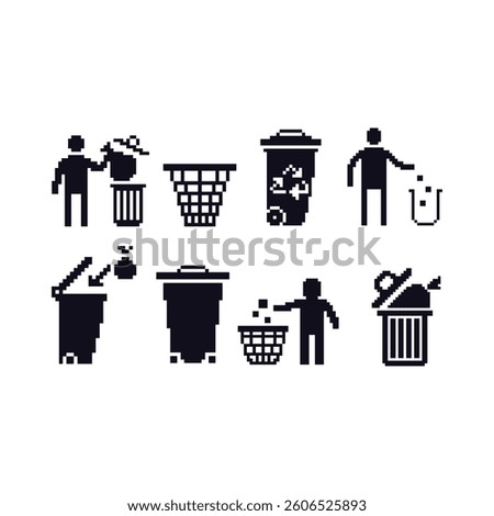 this is trash icon set in pixel art with black color and white background ,this item good for presentations,stickers, icons, t shirt design,game asset,logo and your project.