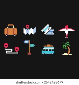this is travel icon set in pixel art with colorful color and black background ,this item good for presentations,stickers, icons, t shirt design,game asset,logo and your project.