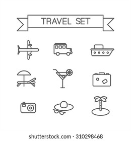 This is a travel  linear flat design icons. Here you can find plane, car, ship, cocktail,suitcase, camera,hat,palm and sunbed. Perfect choose for infographic, web and at your will.