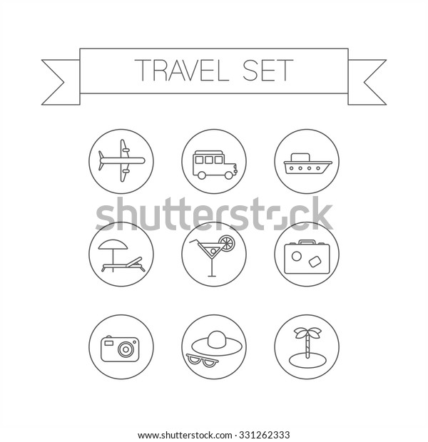 This is a travel \
linear flat design icons. Here you can find plane, car, ship,\
cocktail,suitcase, camera,hat,palm and sunbed. Perfect for\
infographic, web and at your\
will.