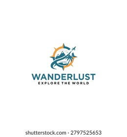 This travel logo design features a circular compass shape in a combination of orange and turquoise. It features silhouettes of a mountainous landscape, palm trees, and a small airplane in flight.