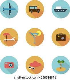 This is a travel set flat design icons. Here you can find plane, car, ship, coctail,suitcase, camera,hat,palm and sunbed. Perfect choise for infographic, web and at your will.