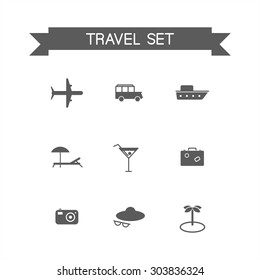 This is a travel set flat design monochrome  icons. Here you can find plane, car, ship, cocktail,suitcase, camera,hat,palm and sunbed. Perfect choose for infographic, web and at your will.