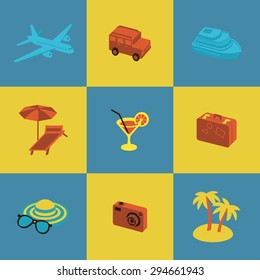 This is a travel set isometric colorful design icons. Here you can find plane, car, ship, coctail,suitcase, camera,hat,palm and sunbed. Perfect choise for infographic, web and at your will.