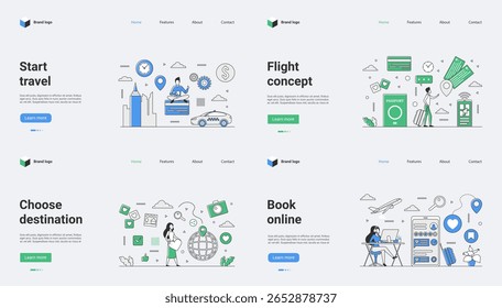Este modelo da web de viagem destaca opções de reserva de voos e destinos emocionantes, apresentando ícones envolventes em um design moderno que captura a atenção de potenciais viajantes