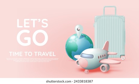 This travel-themed background showcases stylish essentials including a pastel suitcase, toy airplane, and passport, inviting a spirit of adventure.