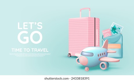 This travel-themed background showcases stylish essentials including a pastel suitcase, toy airplane, and passport, inviting a spirit of adventure.